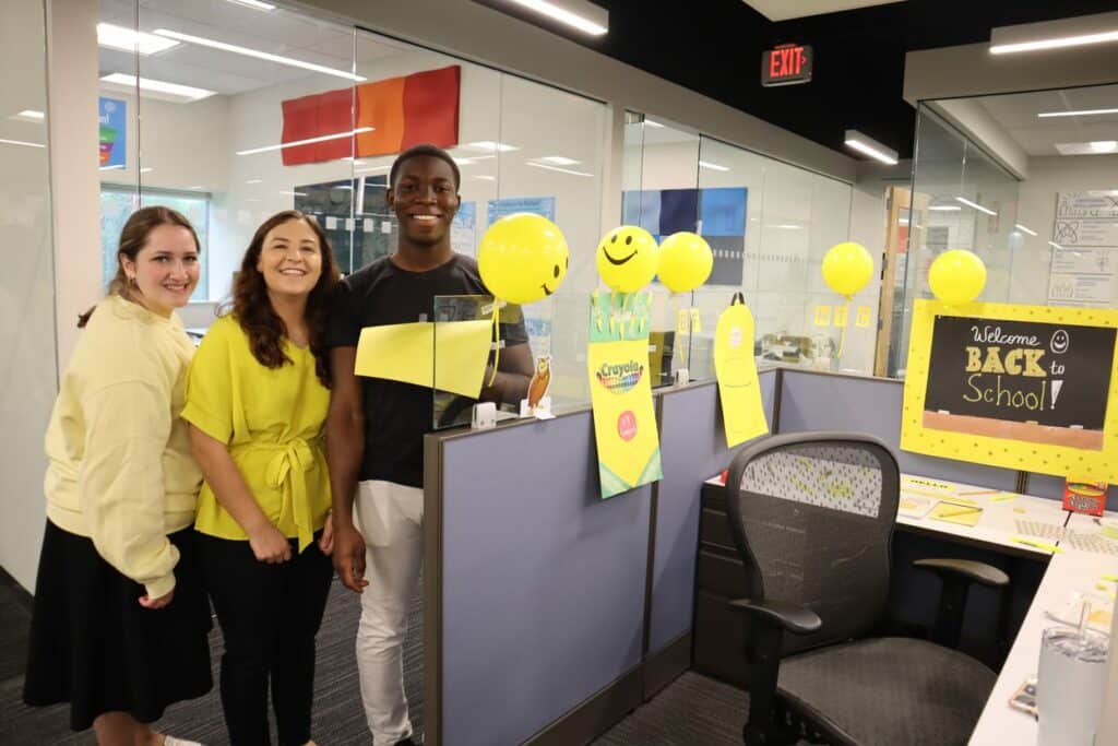 Desk decorated in yellow for Color Day during Spirit Week.