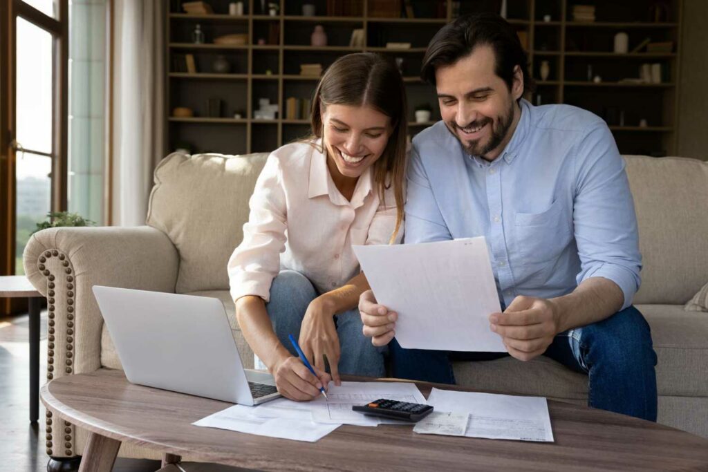 Happy investor couple doing paperwork and conducting due diligence for their Self-Directed IRA investment.