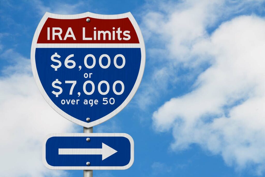Street Sign with Text “IRA Limits: $6,000 or $7,000 over age 50” and an arrow pointing to the right.  