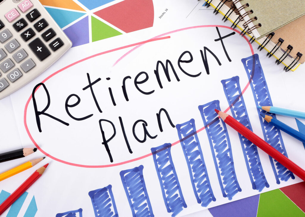 Retirement plan written and circled on a piece of paper with an increasing trend graph and a calculator to indicate the growth of your retirement savings after actively planning for retirement in a Self-Directed IRA.