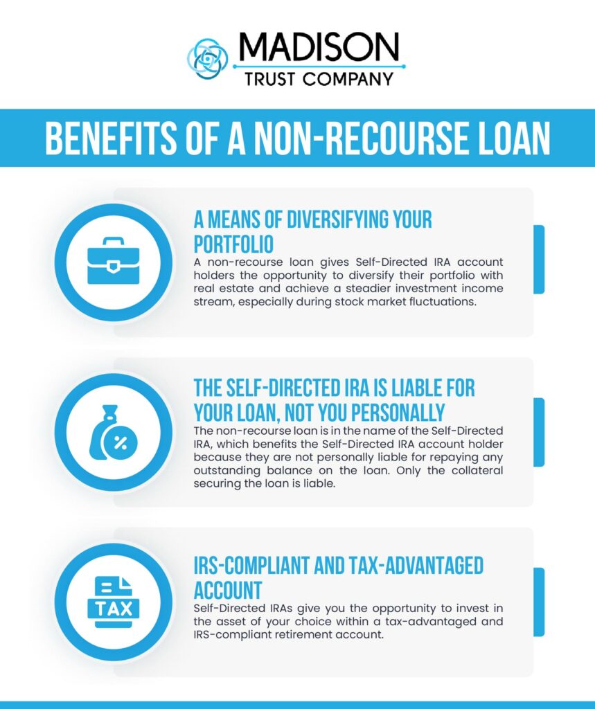 Benefits of a Non-Recourse Loan: (1) A Means of Diversifying Your Portfolio (2) The Self-Directed IRA is Liable for Your Loan, Not You Personally (3) IRA-Compliant and Tax-Advantaged Account