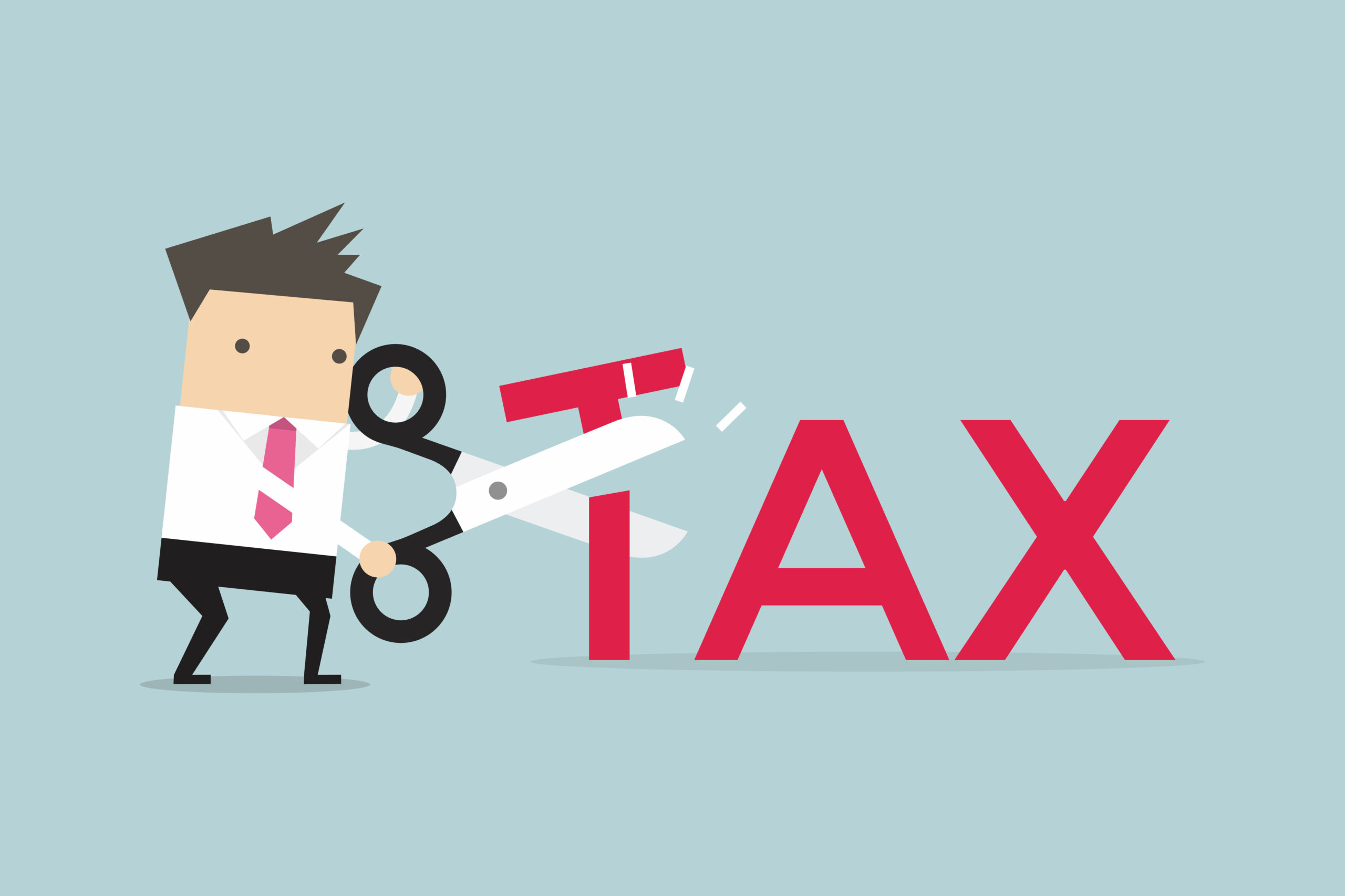 Cartoon businessman cutting the word “tax” in half, signifying that you can save for retirement in a tax-advantaged account such as a Self-Directed IRA or 401(k).