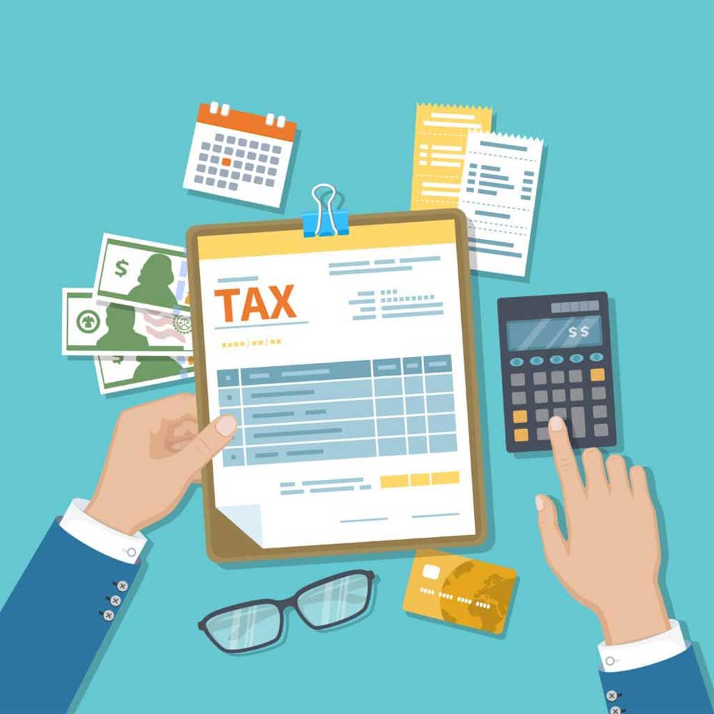 Cartoon image taxpayer filing his taxes with financial items displayed such as a clipboard with tax forms, calculator, money, calendar, receipts, glasses, and credit card.