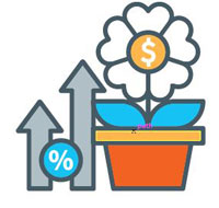 Two arrow icons pointing up and a growing flower to show growth of retirement investments.