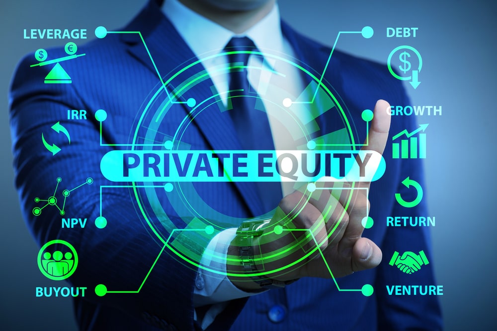 Private equity business concepts in front of a royal blue suit and tie