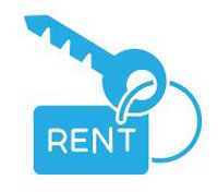 Icon of a key with a keychain that says “Rent” to display that multi-family real estate has renters and the investor can receive rental income.