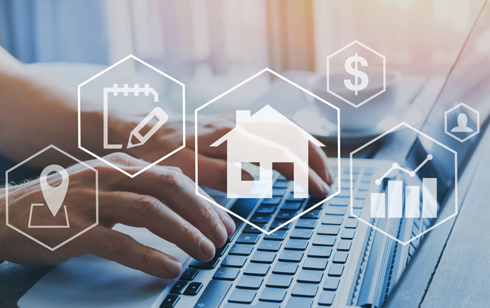 Investor on laptop with icons of a house, increasing graph, dollar sign, notepad and pencil, and location marker to signify that you can use AI to manage your real estate investment in a Self-Directed IRA.