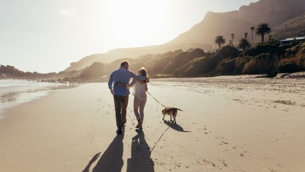 A happy retired couple walking their dog on the beach after they have achieved their retirement goals.