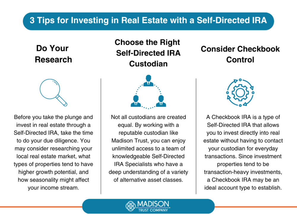 an infographic with 3 tips for investing in real estate with a self-directed ira