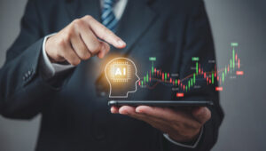 Self-Directed IRA investor holding a floating graph and human icon with AI in the center to indicate that AI can be used to manage Self-Directed IRA investments.