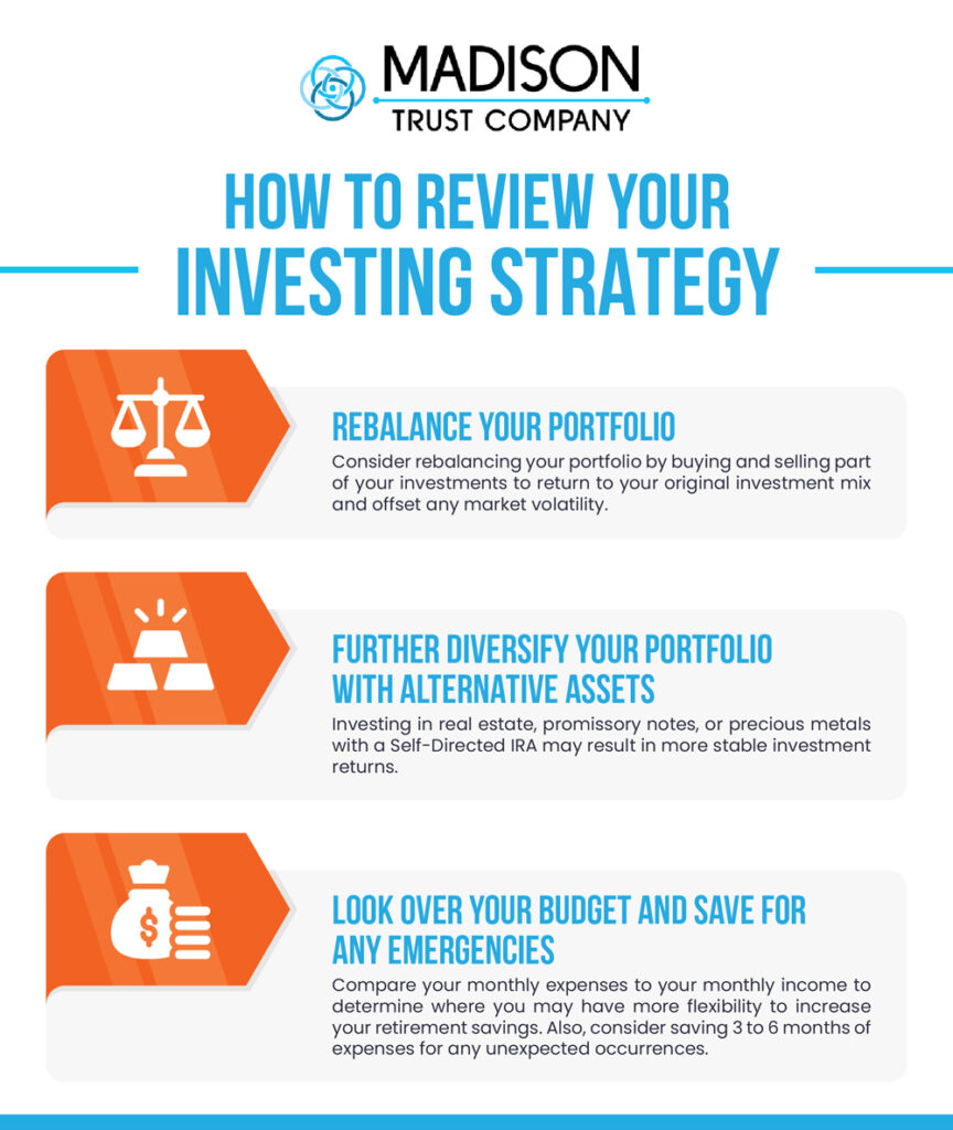 How To Review Your Investing Strategy Infographic: (1) Rebalance Your Portfolio - Consider rebalancing your portfolio by buying and selling part of your investments to return to your original investment mix and offset any market volatility. (2) Further Diversify Your Portfolio with Alternative Assets - Investing in real estate, promissory notes, or precious metals with a Self-Directed IRA may result in more stable investment returns. (3) Look Over Your Budget and Save for Any Emergencies - Compare your monthly expenses to your monthly income to determine where you may have more flexibility to increase your retirement savings. Also, consider saving 3 to 6 months of expenses for any unexpected occurences.