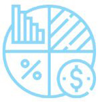 Icon of a pie chart with a percentage symbol, dollar sign on a coin, and bar graph to show a diversified investment portfolio.