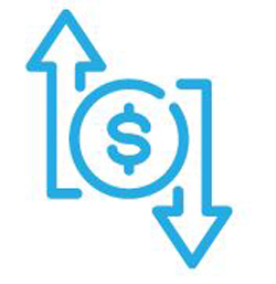 Icon of a coin in the middle and two arrows going up and down to display the benefit of a reduction of lifetime tax burden after making a Roth Conversion.