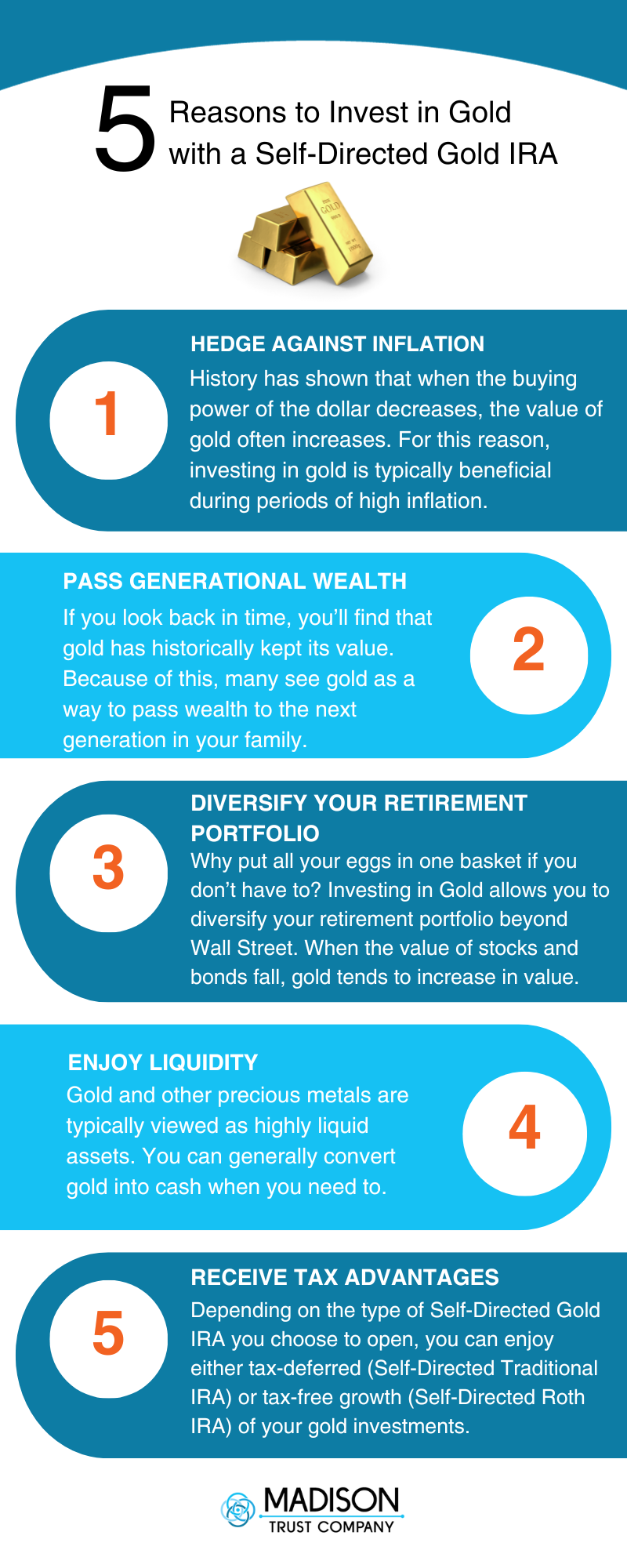 5 Reasons to Invest in Gold with a Self-Directed Gold IRA Infographic: (1) Hedge Against Inflation - History has shown that when the buying power of the dollar decreases, the value of gold often increases. For this reason, investing in gold is typically beneficial during periods of high inflation. (2) Pass Generational Wealth - If you look back in time, you’ll find that gold has historically kept its value. Because of this, many see gold as a way to pass wealth to the next generation in your family. (3) Diversify Your Retirement Portfolio - Why put all your eggs in one basket if you don’t have to? Investing in gold allows you to diversify your retirement portfolio beyond Wall Street. When the value of stocks and bonds fall, gold tends to increase in value. (4) Enjoy Liquidity - Gold and other precious metals are typically viewed as highly liquid assets. You can generally convert gold into cash when you need to. (5) Receive Tax Advantages - Depending on the type of Self-Directed Gold IRA you choose to open, you can enjoy either tax-deferred growth (Self-Directed Traditional IRA) or tax-free growth (Self-Directed Roth IRA) of your gold investments.