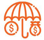 Umbrella icon with a coin and a bag of money underneath to show that Directed Trusts incorporate asset protection strategies to safeguard your wealth from potential liabilities.
