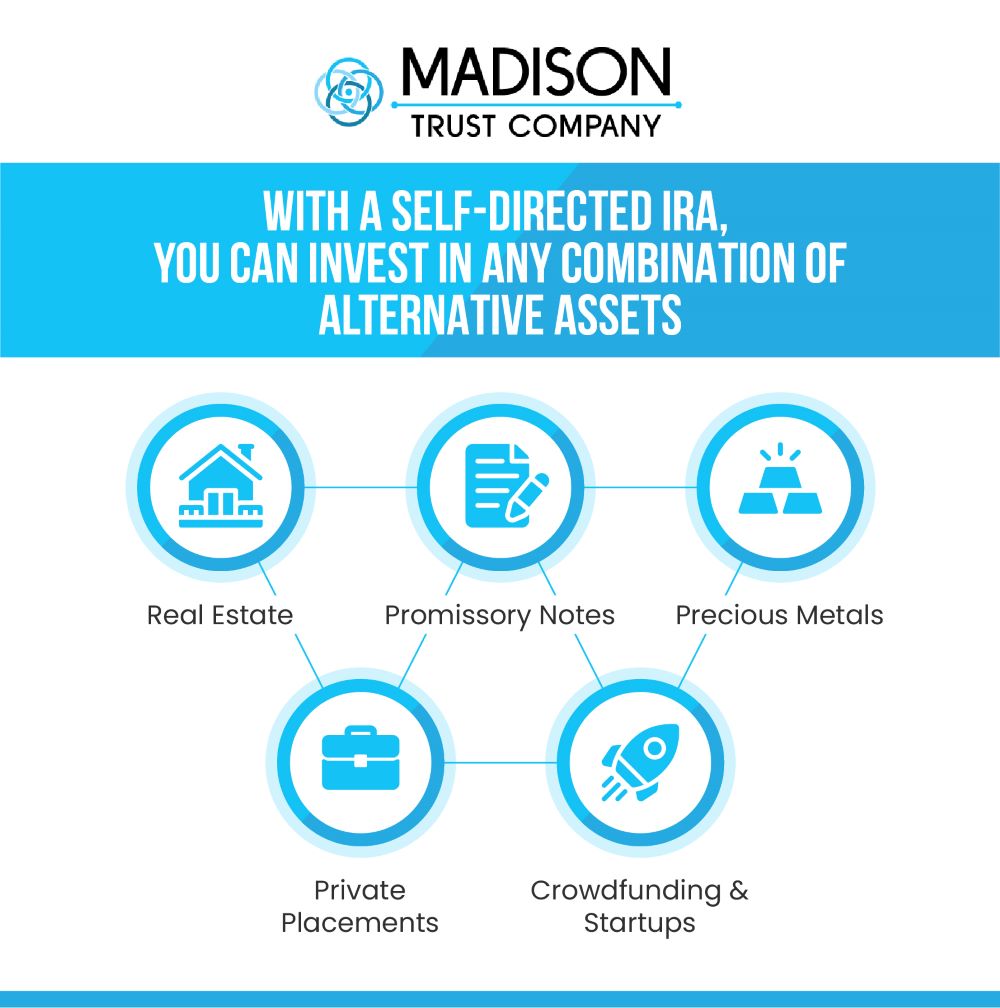 With a Self-Directed IRA You Can Invest in a Combination of Alternative Assets infographic, showcasing the wide range of asset classes that are accessible.
