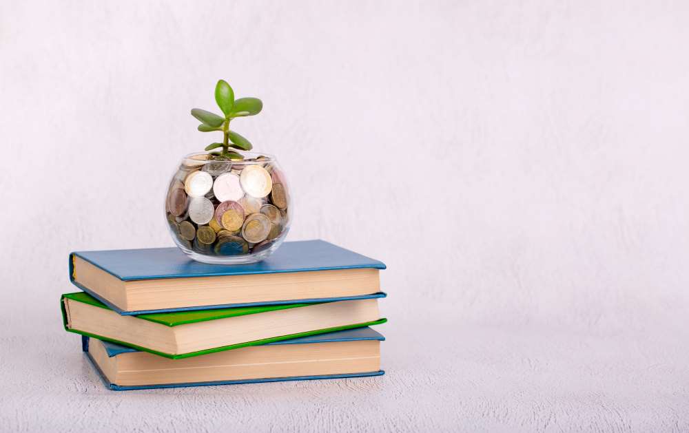 A glass bowl of coins rests on top of a stack of books, indicating that with due diligence, knowledge, and playing the long game, your retirement savings and Self-Directed IRA can be abundant.