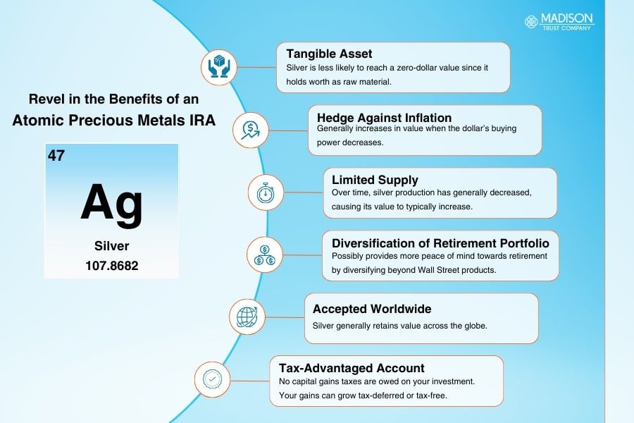 Revel in the Benefits of an Atomic Gold IRA infographic, showcasing the advantages that you experience when using your SDIRA to invest in silver. 