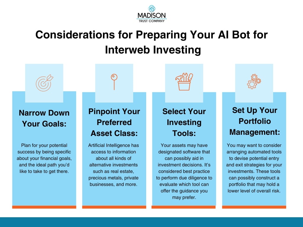 Considerations for Preparing Your AI Bot for Interweb investing which depicts advice on how to utilize AI to make the most out of your Self-Directed IRA investments.
