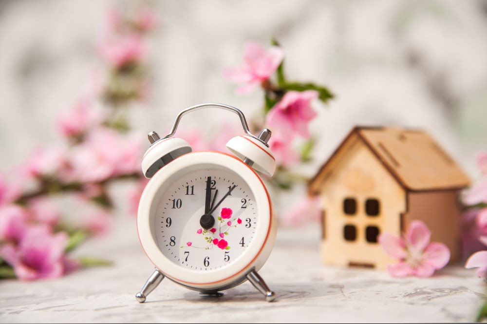 A clock sits beside a model of a house and cherry blossoms, showing that there’s no better time than springtime to upgrade your Self-Directed IRA to checkbook control and take the reins on your investing.