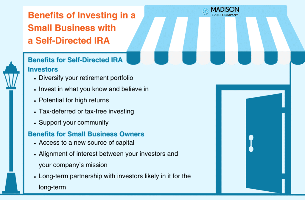 Benefits of Investing in a Small Business with a Self-Directed IRA infographic: Benefits for Self-Directed IRA investors include diversifying your portfolio, investing in what you know and believe in, potential for high returns, tax-deferred or tax-free investing, and supporting your community. Benefits for Small Business Owners include access to a new source of capital, alignment of interest between your investors and your company’s mission, and long-term partnership with investors in it for the long-term.